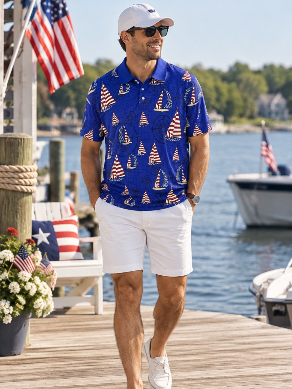 NWT C&B Sport by Croft & Barrow Men's L Blue Americana Sailboat Print Polo